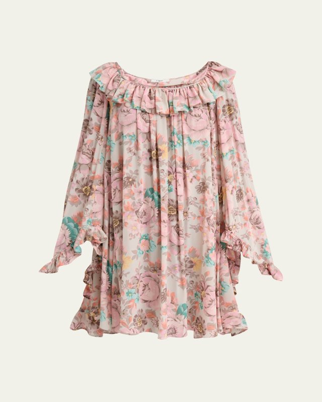 Ruffle-Trim Silk Mini Shift Dress